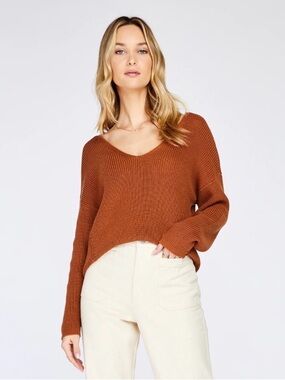 Gentle Fawn Tucker Knit V-Neck Sweater in Rust Copper Womens Medium